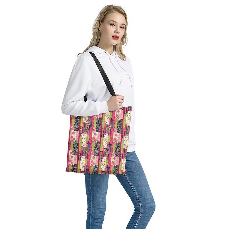 Pink Flower Patchwork Pattern Print Tote Bag