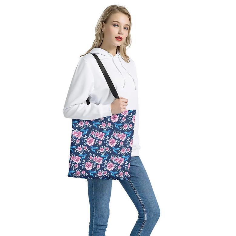 Pink Flowers And Hummingbird Print Tote Bag