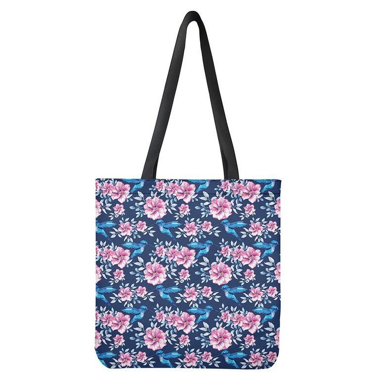 Pink Flowers And Hummingbird Print Tote Bag