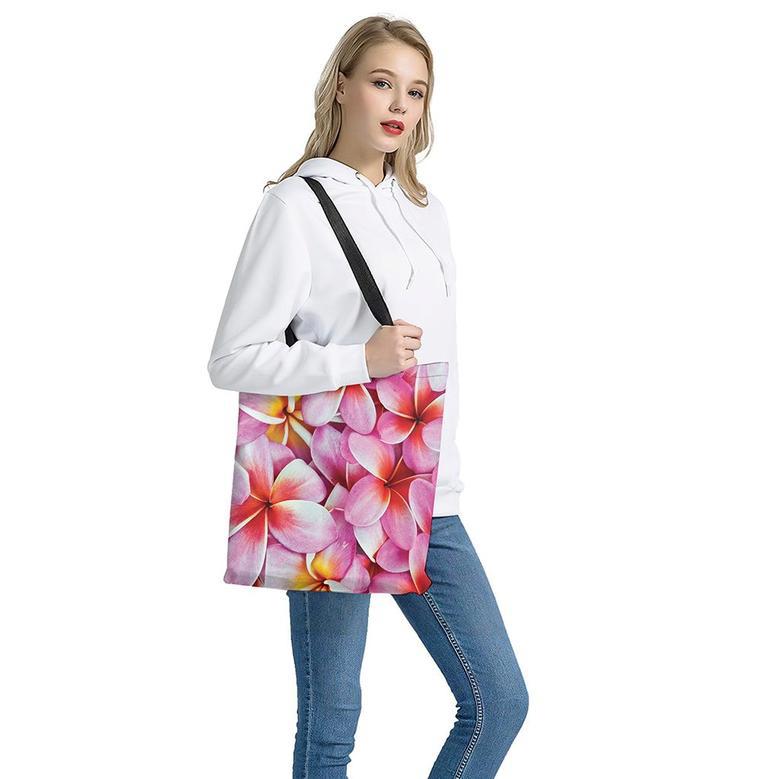 Pink Frangipani Flower Print Tote Bag