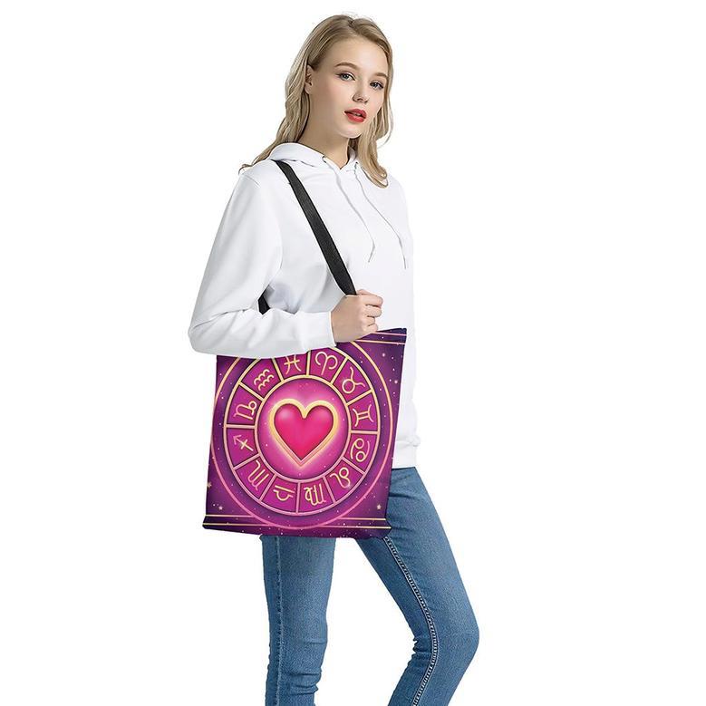 Pink Heart Zodiac Wheel Print Tote Bag