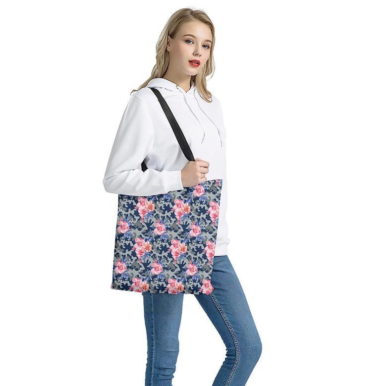 Pink Rose Flower Camouflage Print Tote Bag