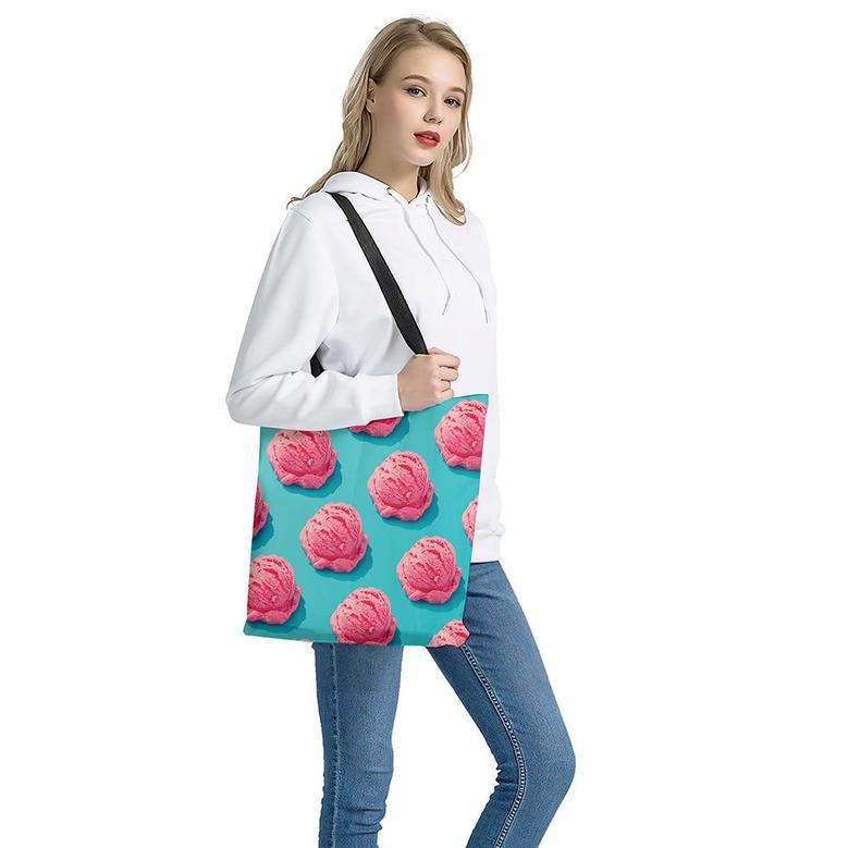 Pink Strawberry Ice Cream Print Tote Bag