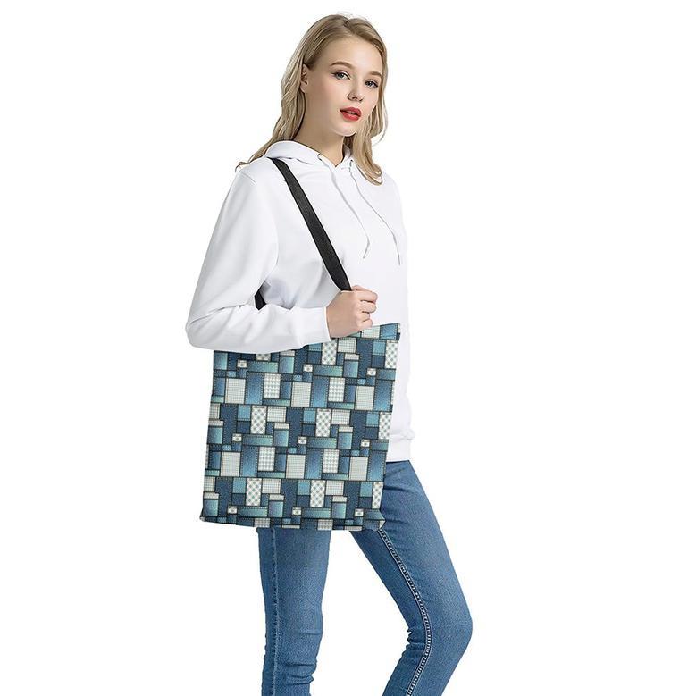 Plaid And Denim Patchwork Pattern Print Tote Bag