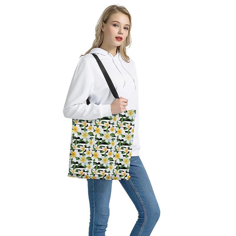 Plumeria Flower Striped Pattern Print Tote Bag