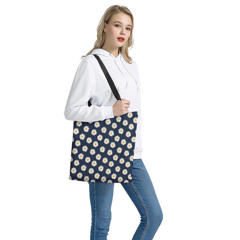 Polka Dot Daisy Floral Pattern Print Tote Bag