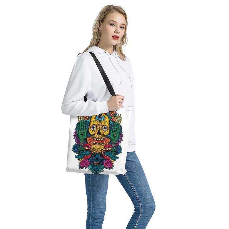 Psychedelic Skull Print Tote Bag