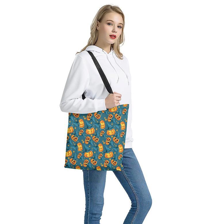 Pumpkin With Witch Hat Pattern Print Tote Bag