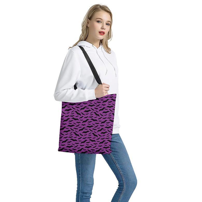 Purple And Black Halloween Bat Print Tote Bag