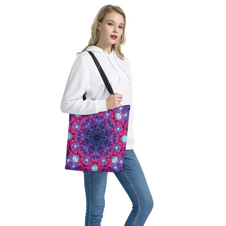 Purple And Blue Light Mandala Print Tote Bag