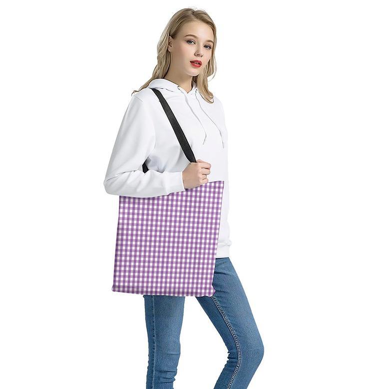 Purple And White Check Pattern Print Tote Bag