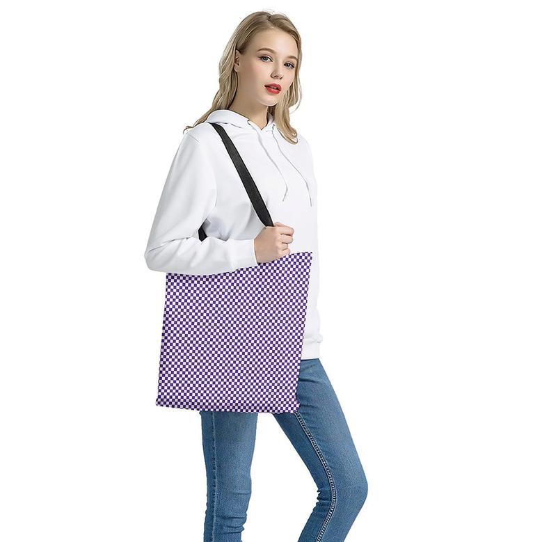 Purple And White Checkered Pattern Print Tote Bag