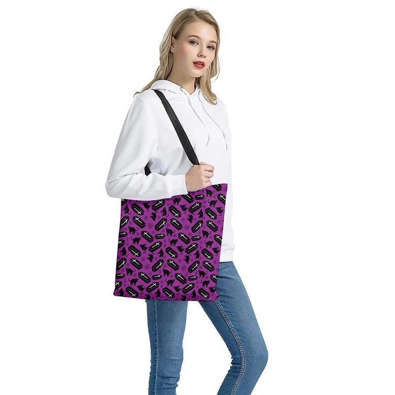 Purple Halloween Coffin Pattern Print Tote Bag