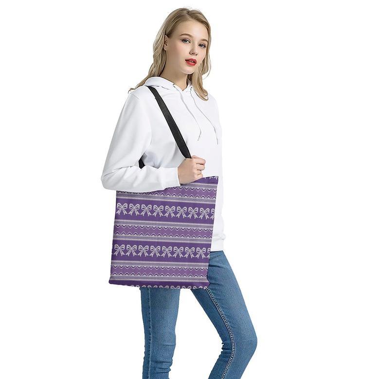 Purple Ribbon Knitted Pattern Print Tote Bag