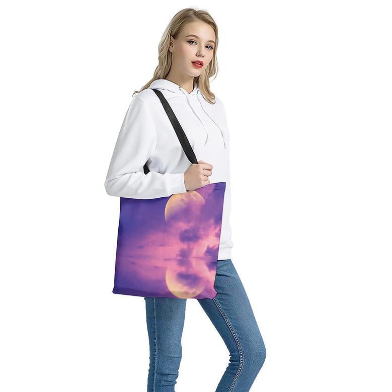 Purple Sky And Full Moon Print Tote Bag