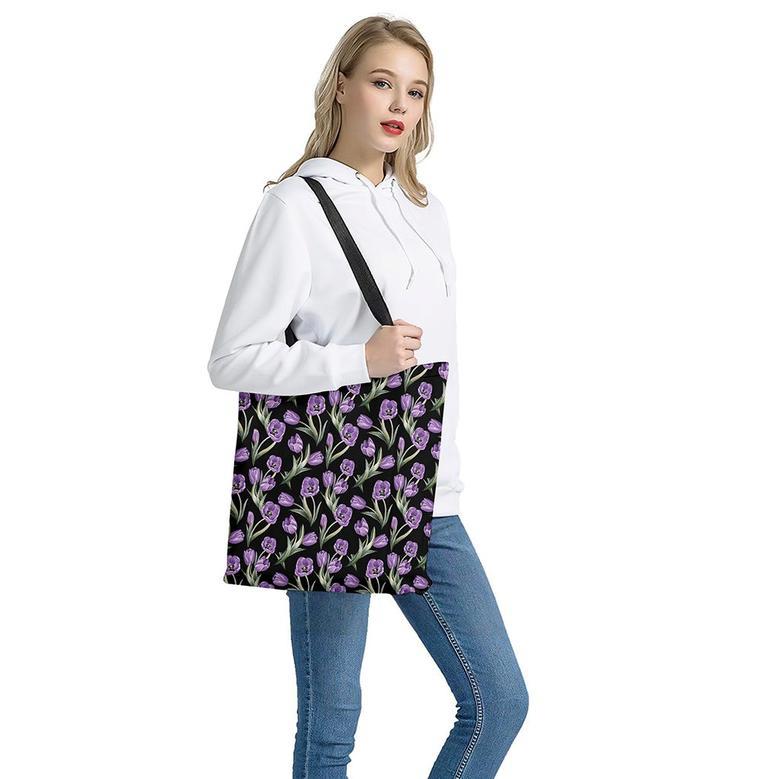 Purple Watercolor Tulip Pattern Print Tote Bag