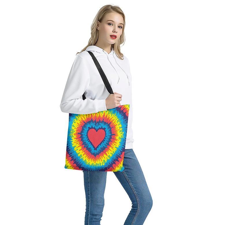 Rainbow Heart Tie Dye Print Tote Bag