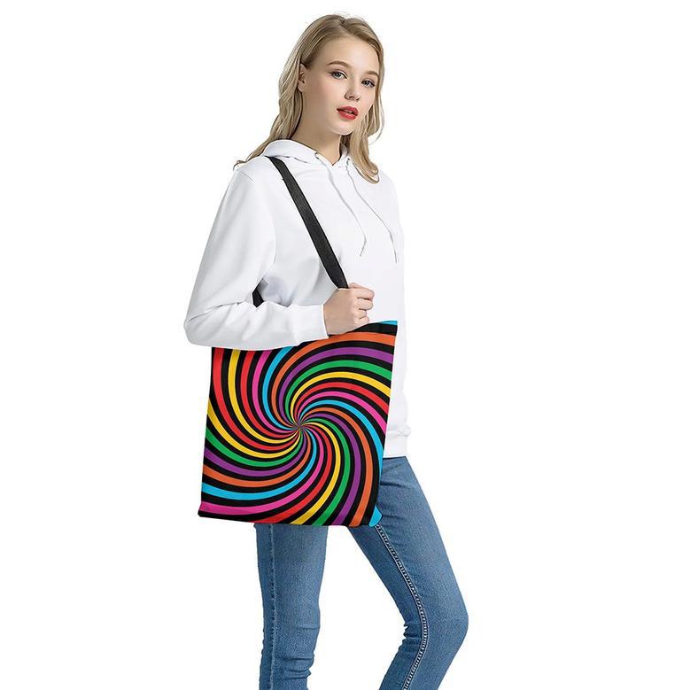 Rainbow Psychedelic Swirl Print Tote Bag