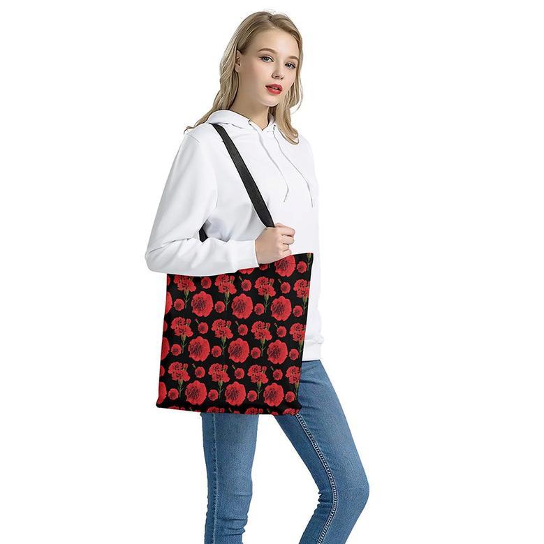 Red And Black Carnation Pattern Print Tote Bag