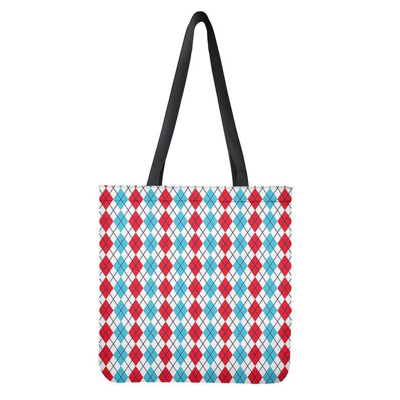 Red And Blue Argyle Pattern Print Tote Bag