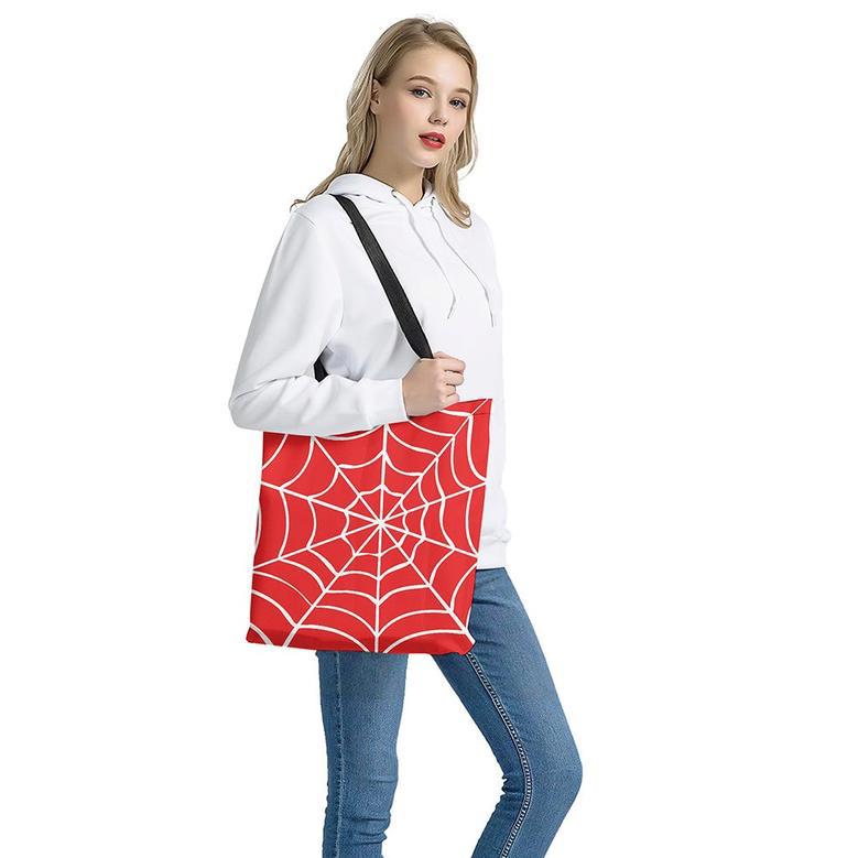 Red And White Spider Web Pattern Print Tote Bag