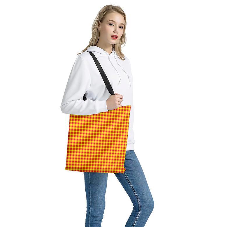 Red And Yellow Check Pattern Print Tote Bag