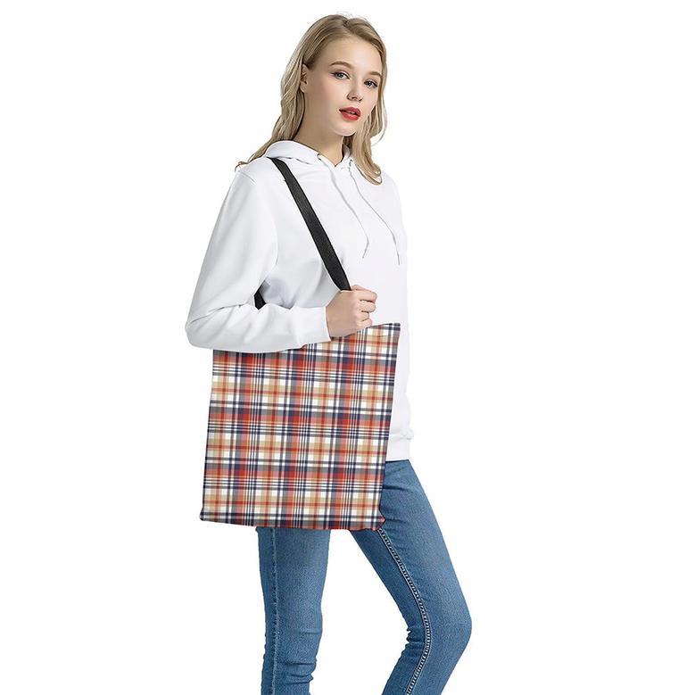 Red Blue And Beige Madras Plaid Print Tote Bag