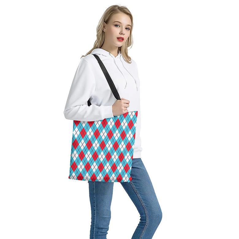 Red Blue And White Argyle Pattern Print Tote Bag