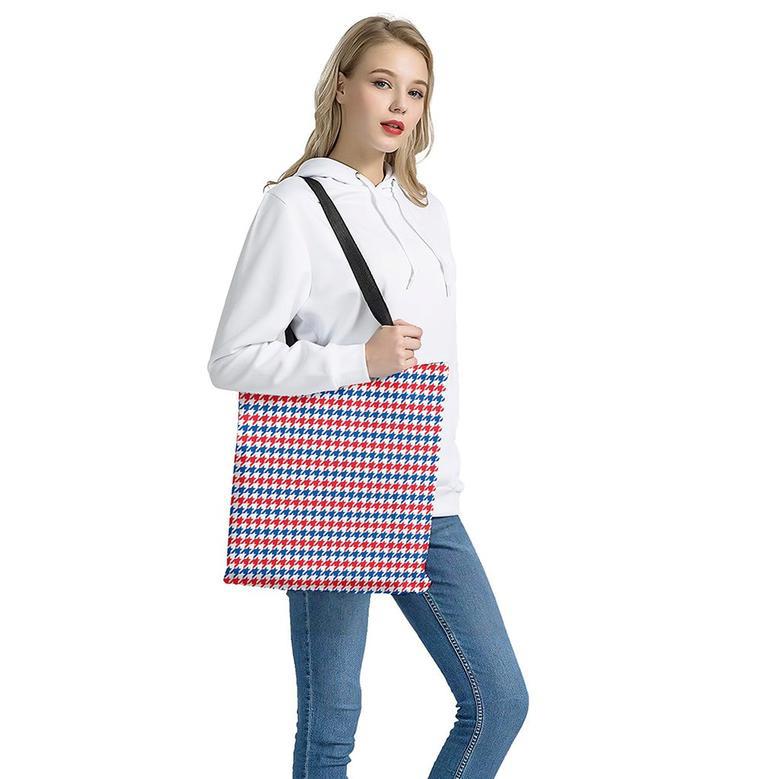 Red Blue And White Houndstooth Print Tote Bag