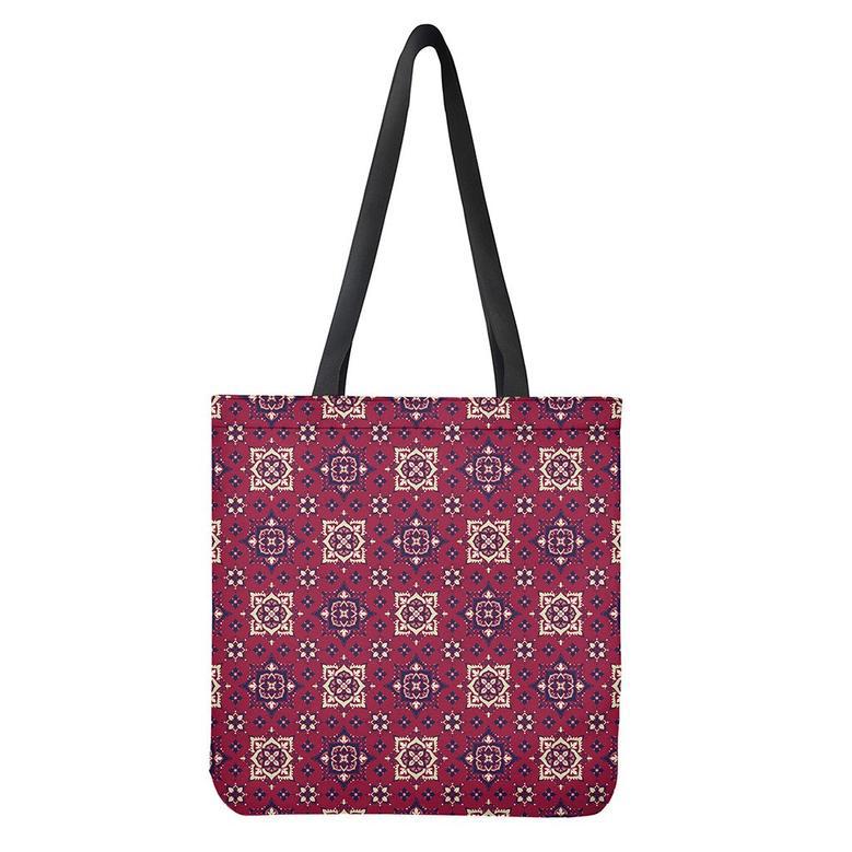 Red Boho Flower Pattern Print Tote Bag