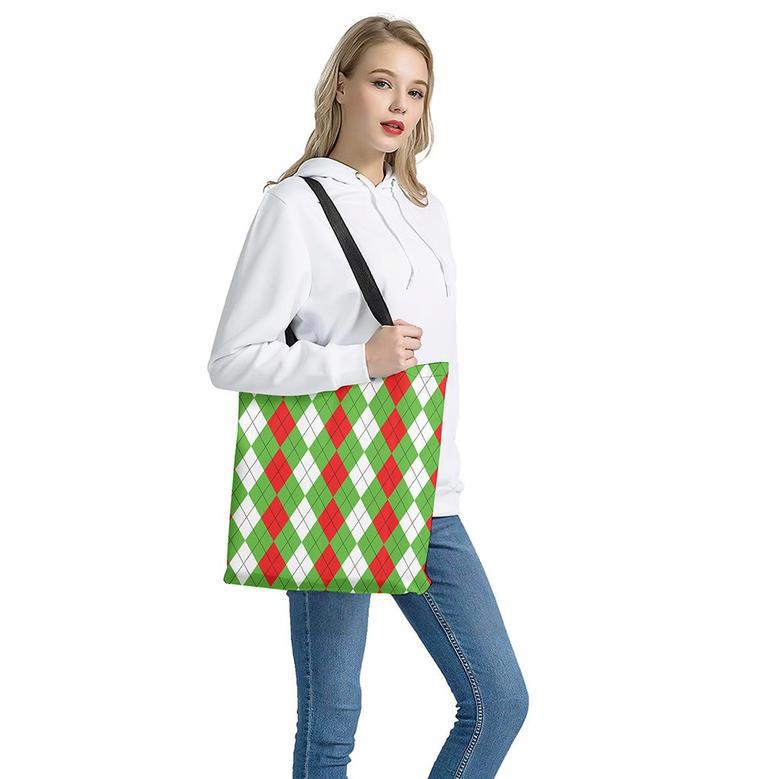 Red Green And White Argyle Pattern Print Tote Bag