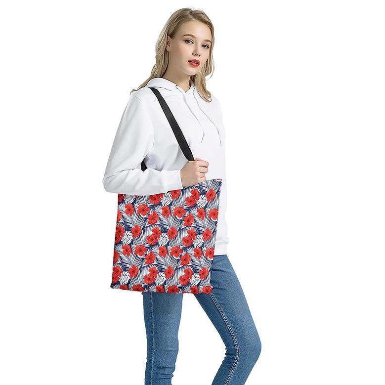 Red Hibiscus Tropical Pattern Print Tote Bag