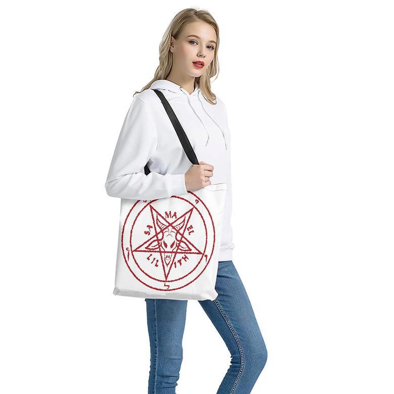 Red Satanic Pentagram Symbol Print Tote Bag