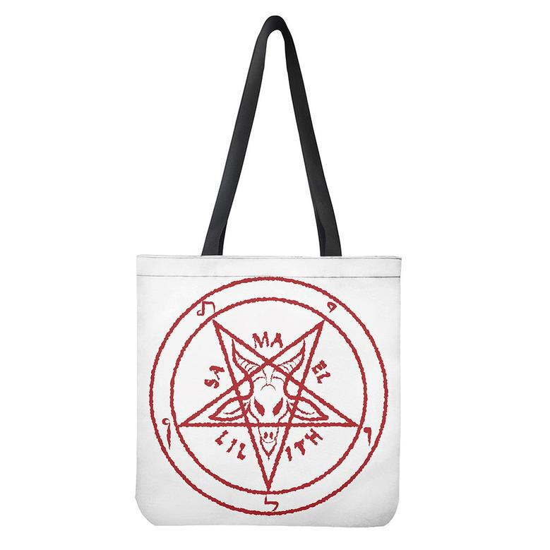 Red Satanic Pentagram Symbol Print Tote Bag