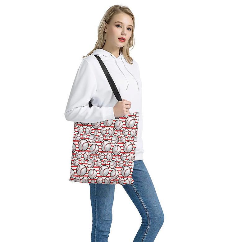 Red Striped Baseball Pattern Print Tote Bag