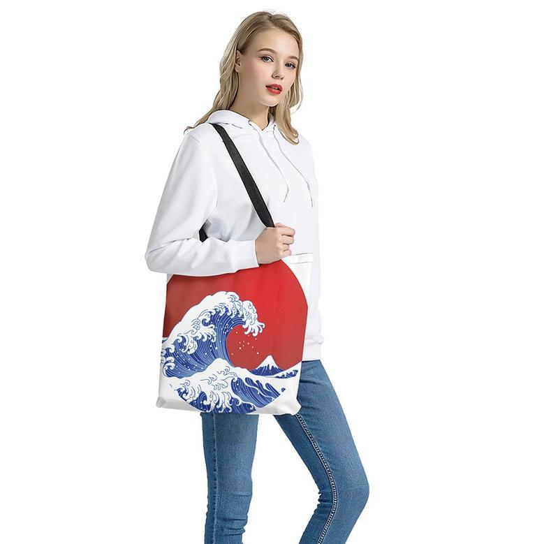 Red Sun Japanese Wave Print Tote Bag