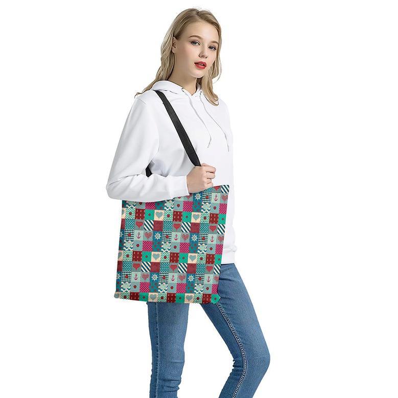 Retro Nautical Patchwork Pattern Print Tote Bag