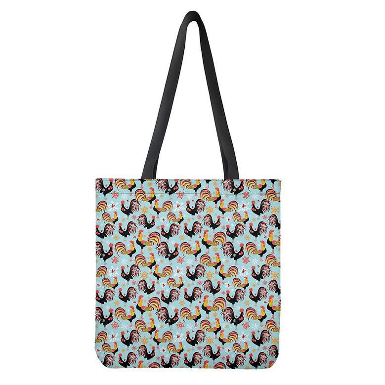 Rooster And Snowflake Pattern Print Tote Bag