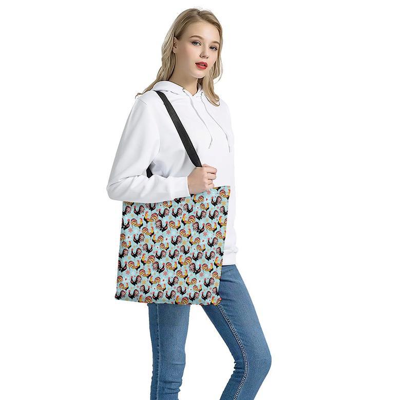 Rooster And Snowflake Pattern Print Tote Bag