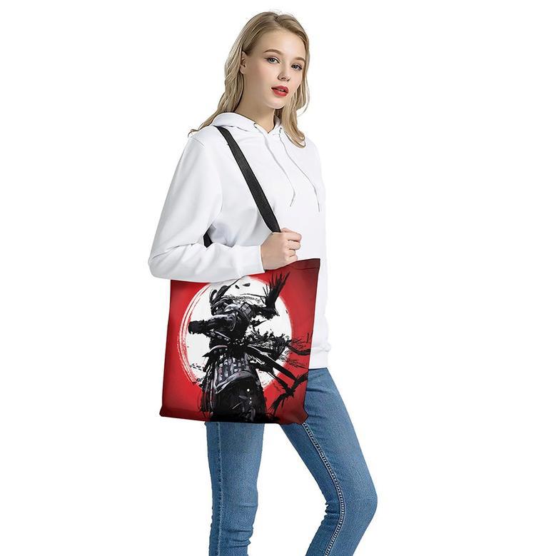 Samurai And Crow Print Tote Bag