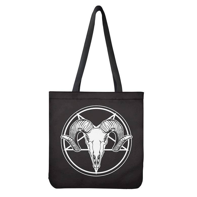 Satan Goat Skull Pentagram Print Tote Bag