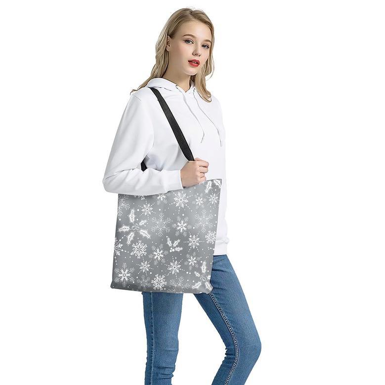 Silver And White Snowflake Pattern Print Tote Bag