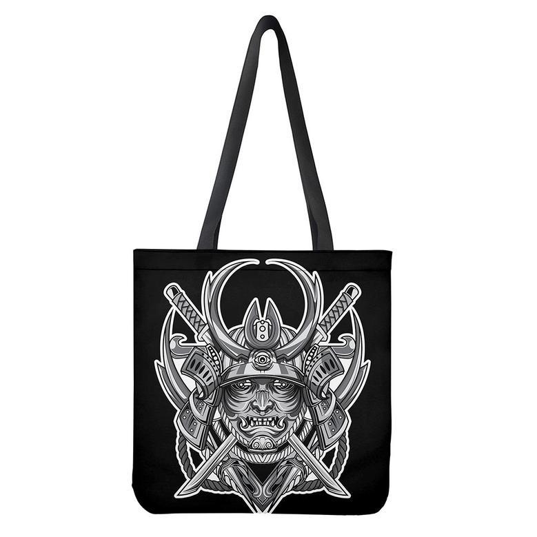 Silver Samurai Mask Print Tote Bag