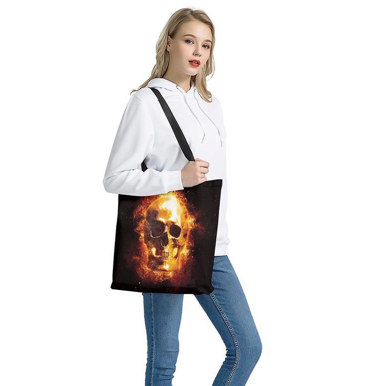 Skull In Flames Print Tote Bag