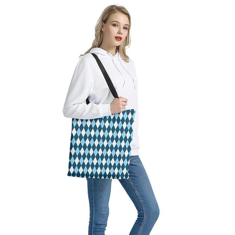 Soft Blue Argyle Pattern Print Tote Bag