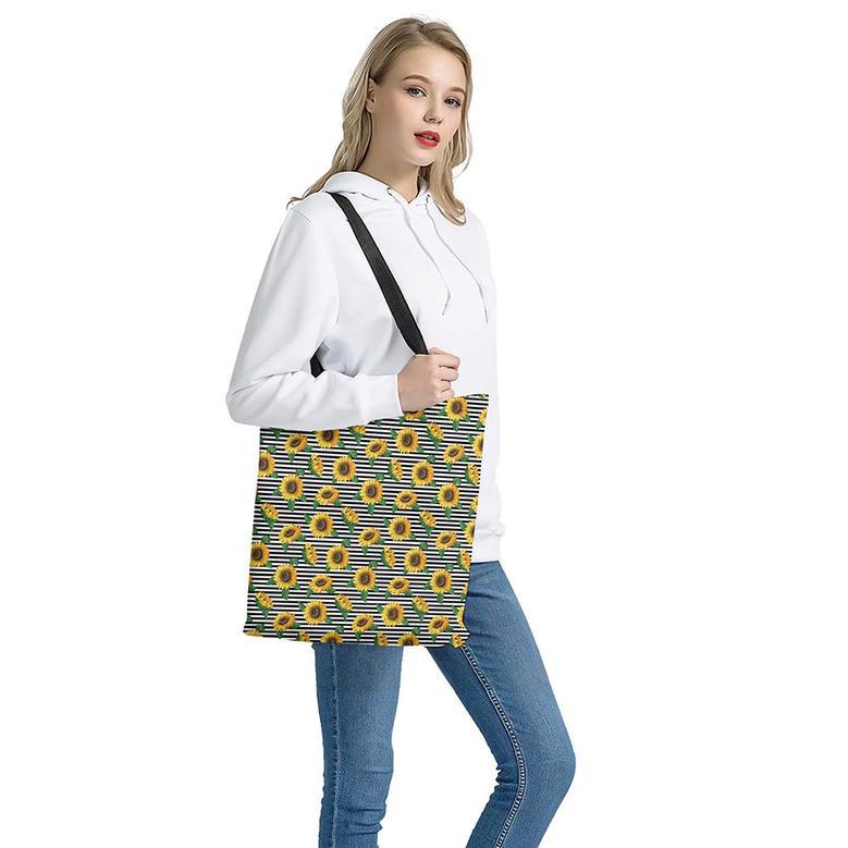 Stripe Sunflower Pattern Print Tote Bag