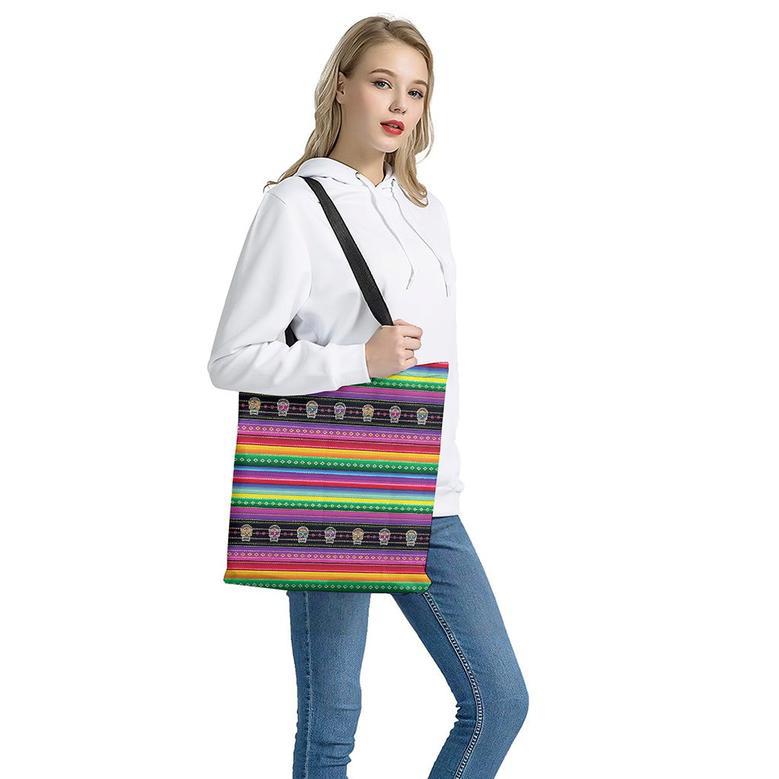 Sugar Skull Mexican Serape Pattern Print Tote Bag