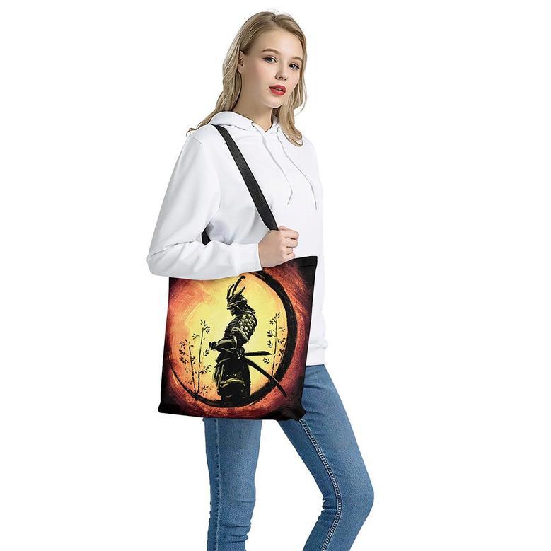 Sunset Samurai Warrior Print Tote Bag