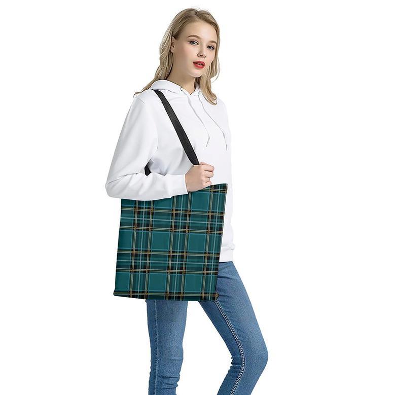 Teal Stewart Tartan Pattern Print Tote Bag