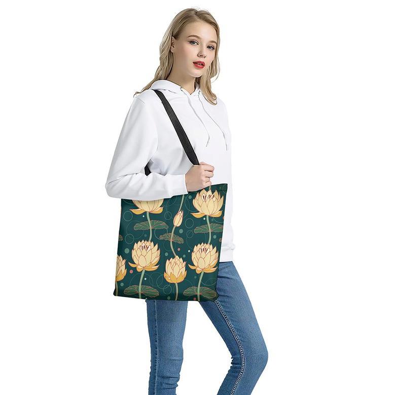 Vintage Lotus Pattern Print Tote Bag